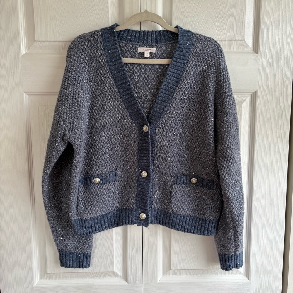 LC Lauren Conrad Blue Gray Metallic Knit Cardigan Sweater V-Neck Ribbed Lurex‎ M
